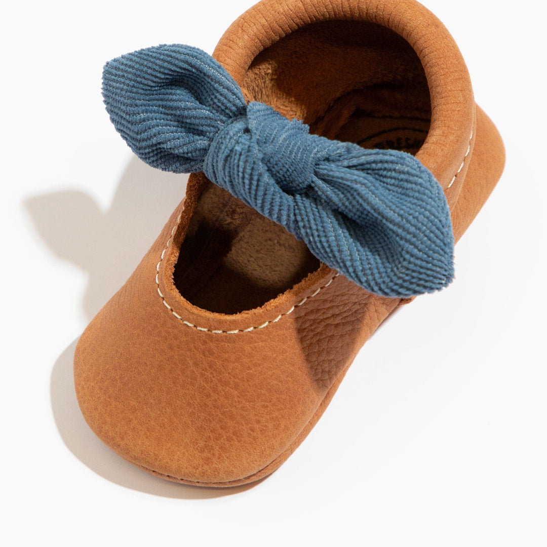 Freshly Picked Corduroy Cowgirl Knotted Bow baby shoe top view, denim bow detail