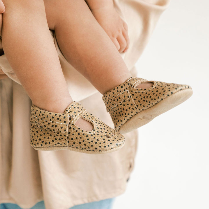Freshly Picked Almond Speckles Mary Jane baby shoes on feet, comfy everyday wear