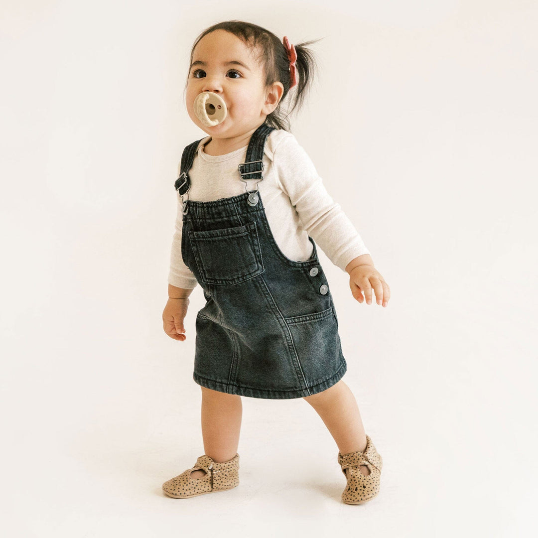 Freshly Picked Almond Speckles Mary Jane baby shoes on toddler, first steps outfit