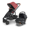 uppababy cruz stroller with mesa v2 car seat in lucy red