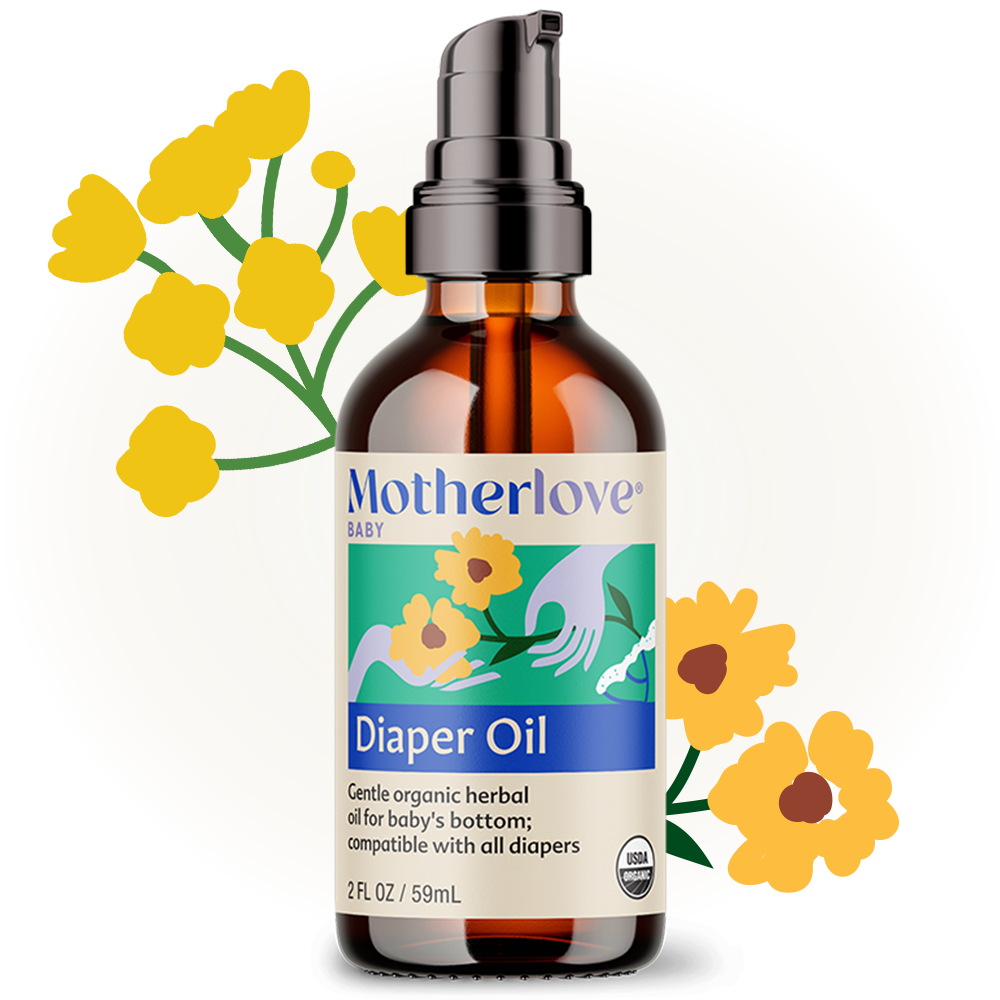 Motherlove Diaper Oil displayed with natural herbs, a soothing blend designed for gentle baby skincare routines.