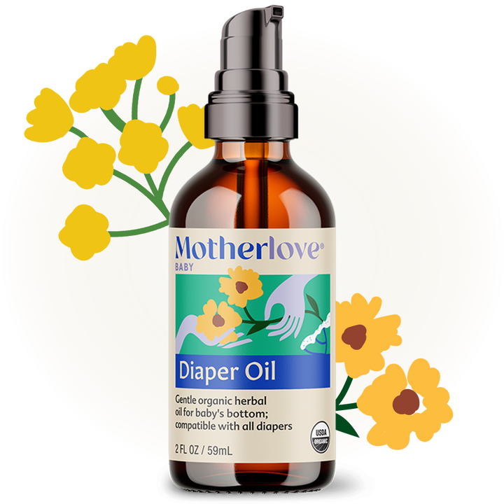 Motherlove Diaper Oil displayed with natural herbs, a soothing blend designed for gentle baby skincare routines.