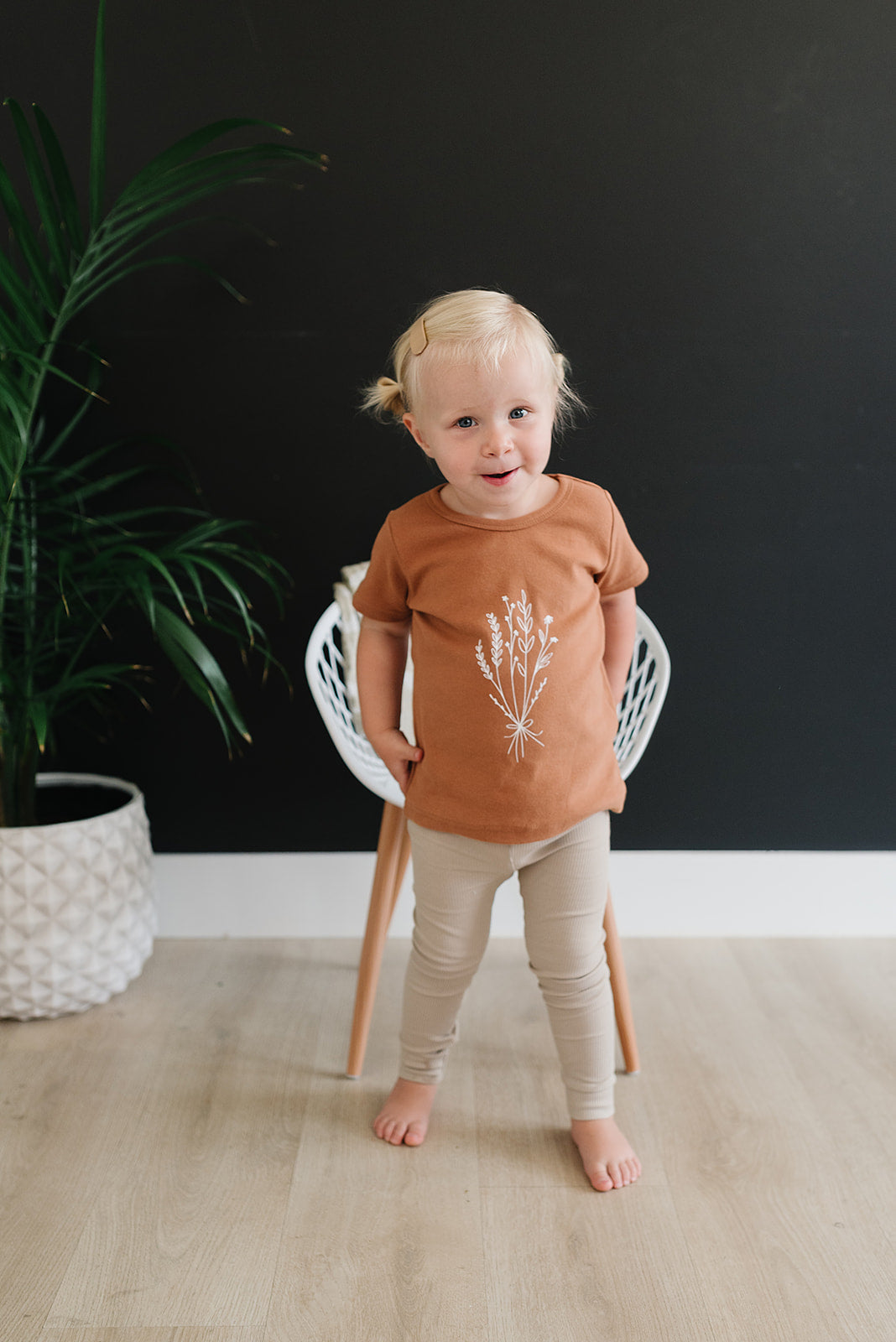 Oatmeal Organic Leggings paired with a matching bodysuit, a soft stretchy pants made for crawling babies.