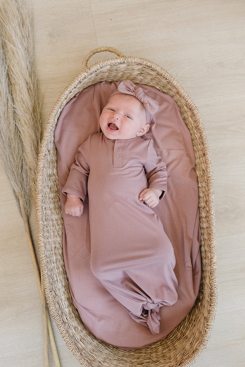 Mebie Baby organic bamboo knotted gown in dusty rose