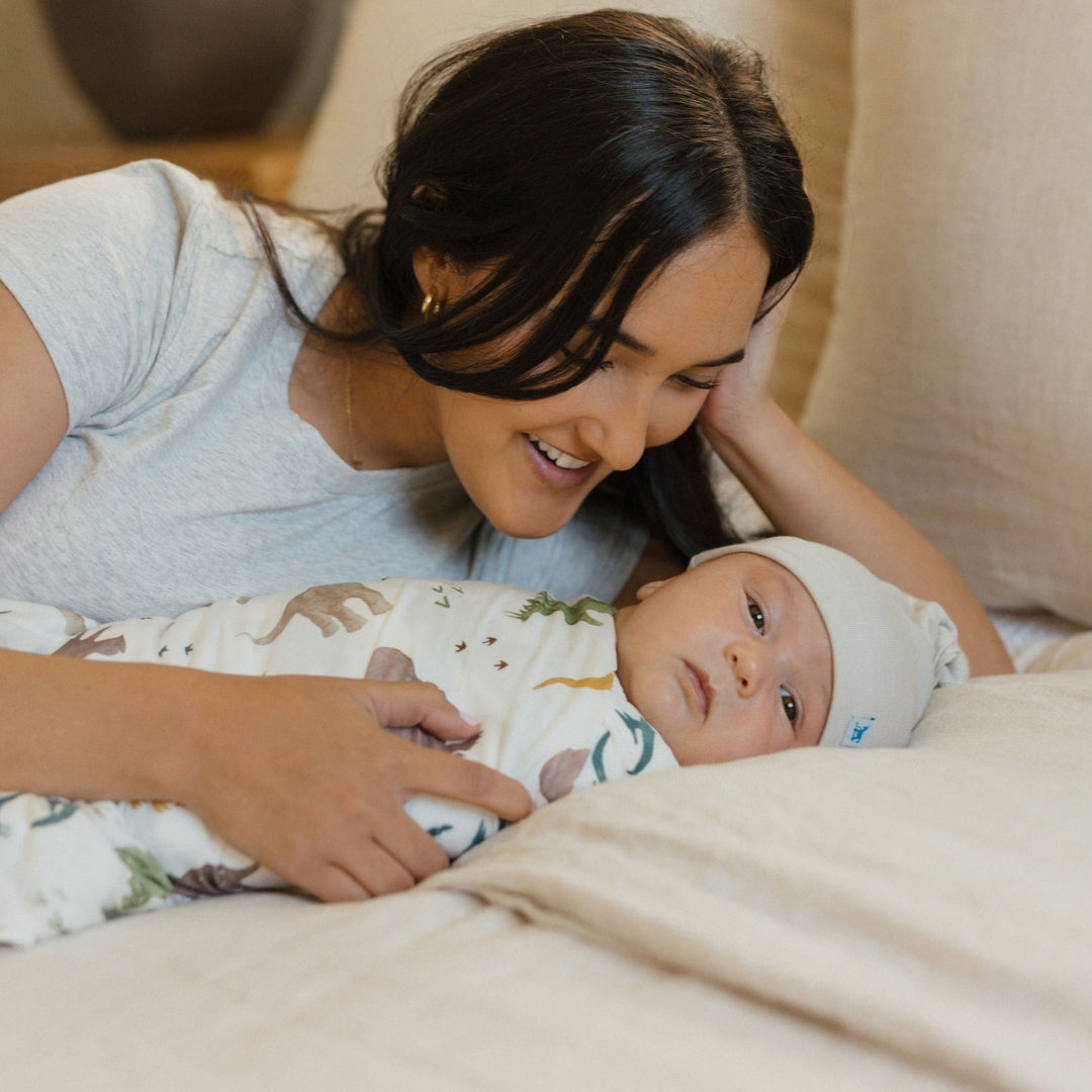 Dino Pals muslin baby blankets by Little Unicorn, Stretch Knit Swaddle Blanket, gentle and breathable