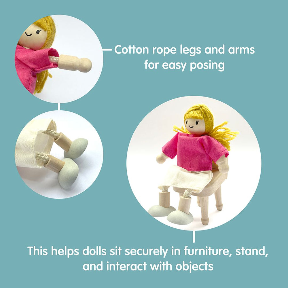 PlanToys Doll Family Dark Skin Tone detail close-up – hand-painted wooden dollhouse figures showing fine facial details