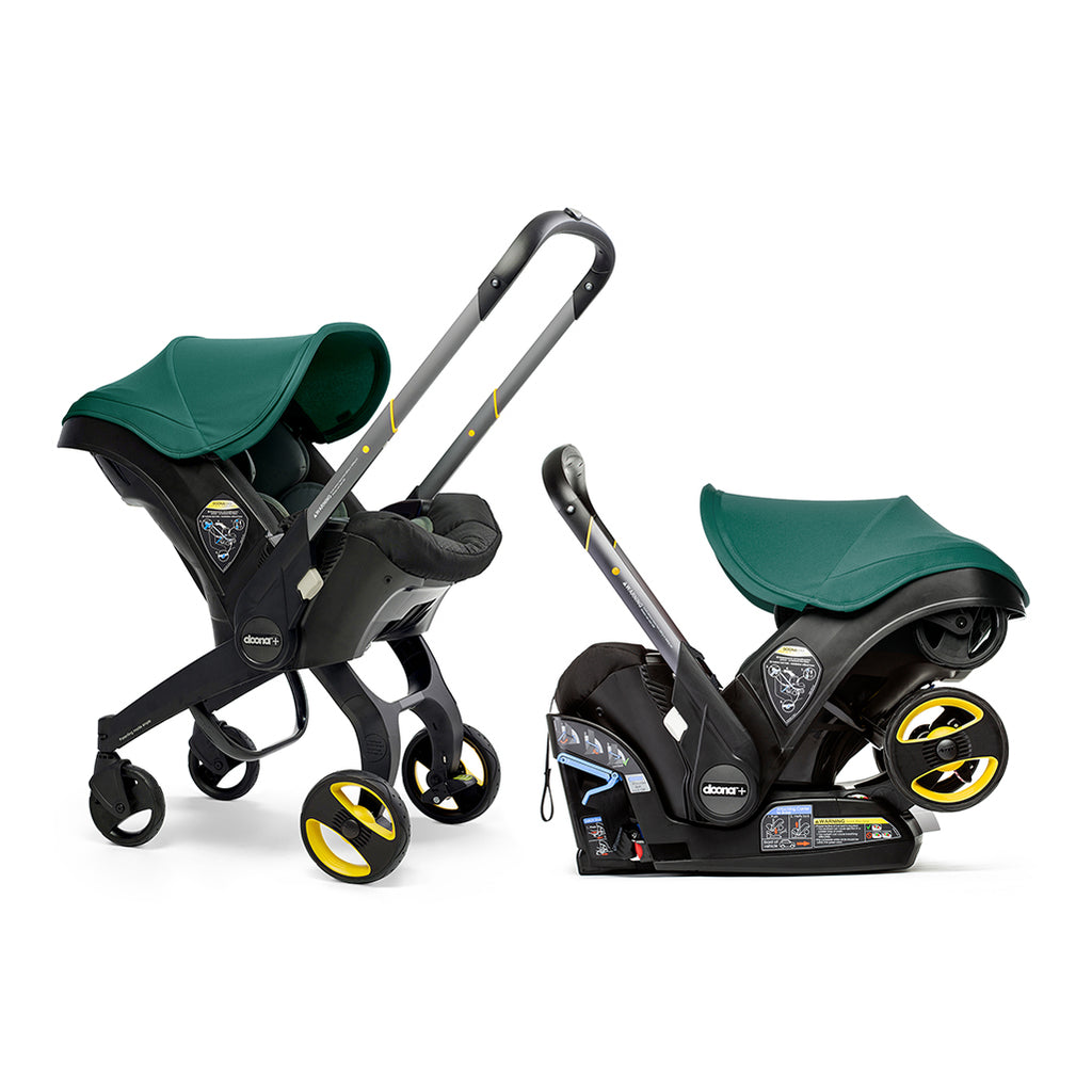 Doona stroller and car seat shown in one picture in Racing green