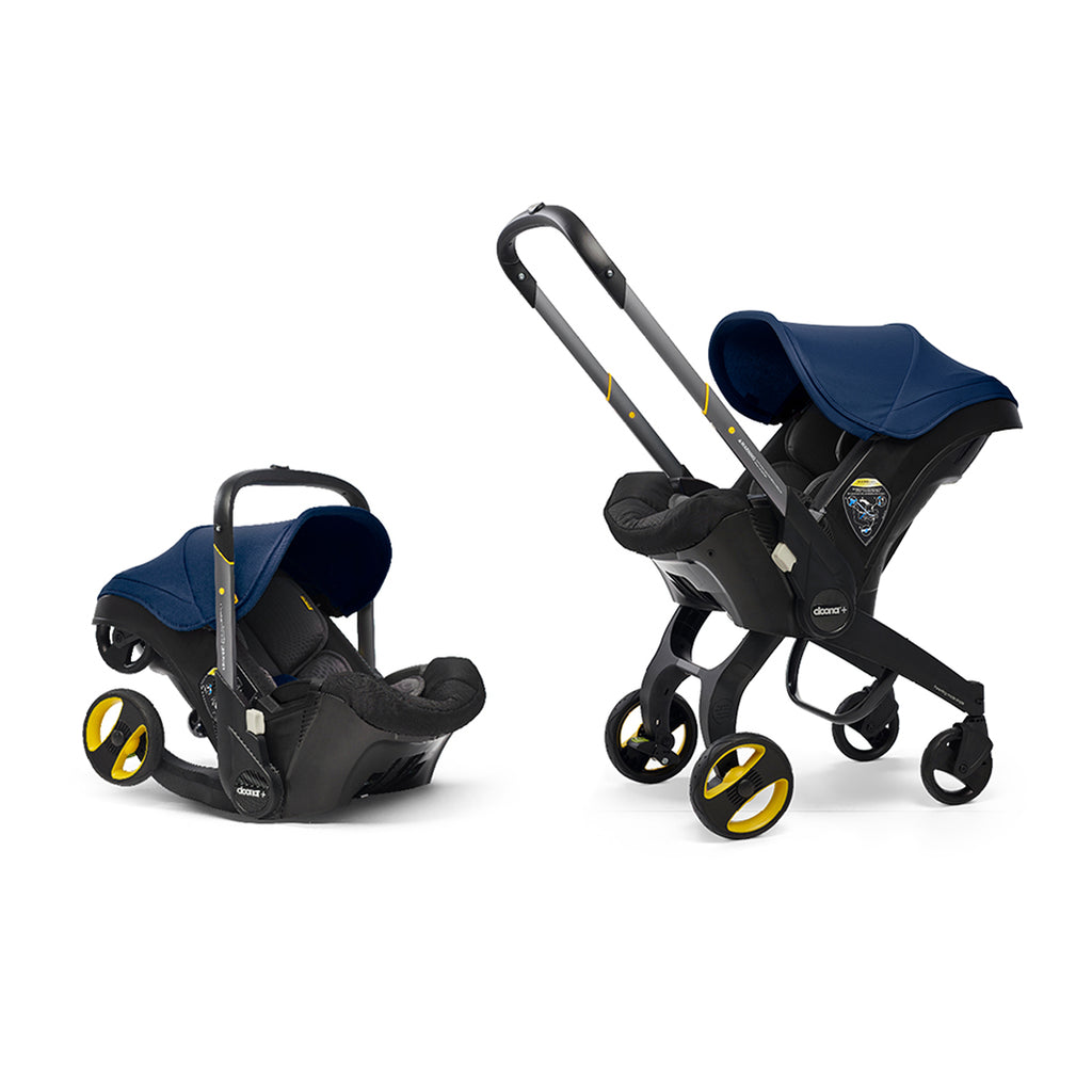 Doona car seat and stroller combo shown in the two positions