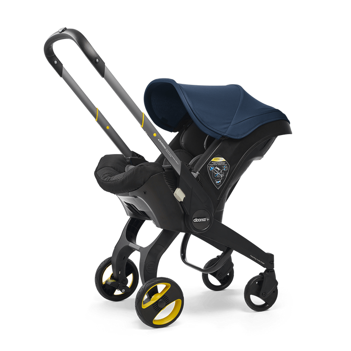 Crisp profile of the Deep Blue Doona Infant Car Seat and Stroller, ideal as a carseat stroller combo for newborns.