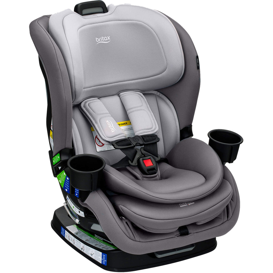 Front angle of Britax Poplar convertible car seat in Glacier Graphite showcasing steel frame and slim profile