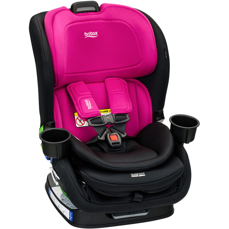 Front-facing Britax Poplar Magenta Onyx toddler car seat showing dual cup holders and padded headrest