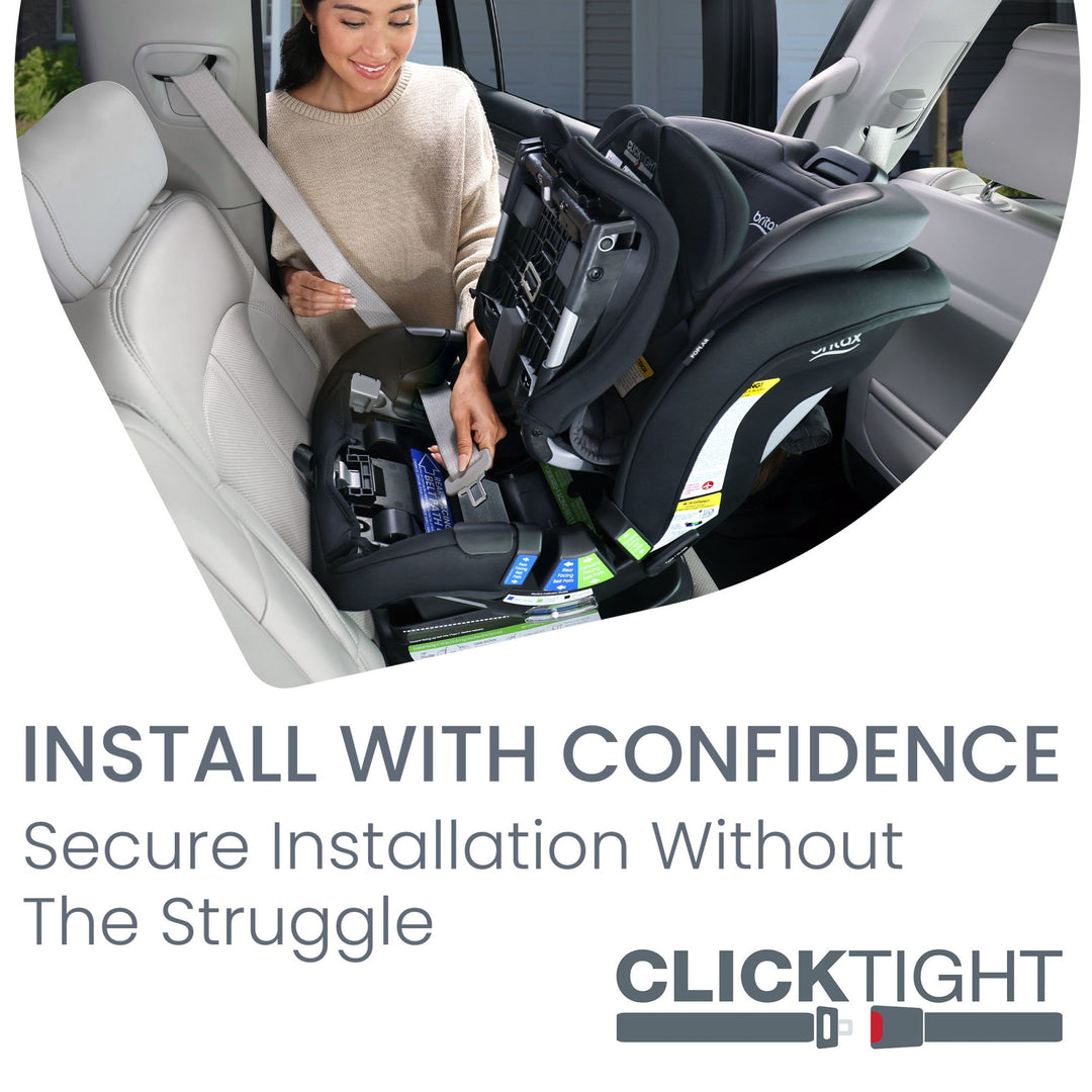 Parent installing the Britax Poplar convertible car seat securely with ClickTight technology