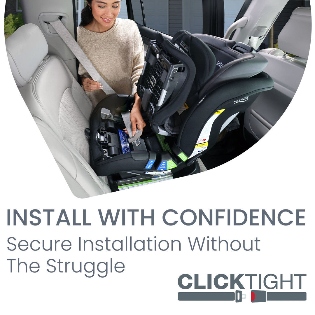 Parent securing child in Britax Poplar convertible car seat with ClickTight installation, best baby car seat for safety