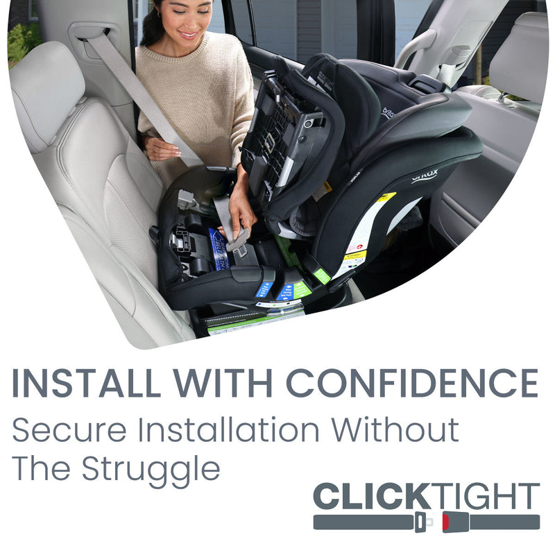 Parent securing child in Britax Poplar convertible car seat with ClickTight installation, best baby car seat for safety