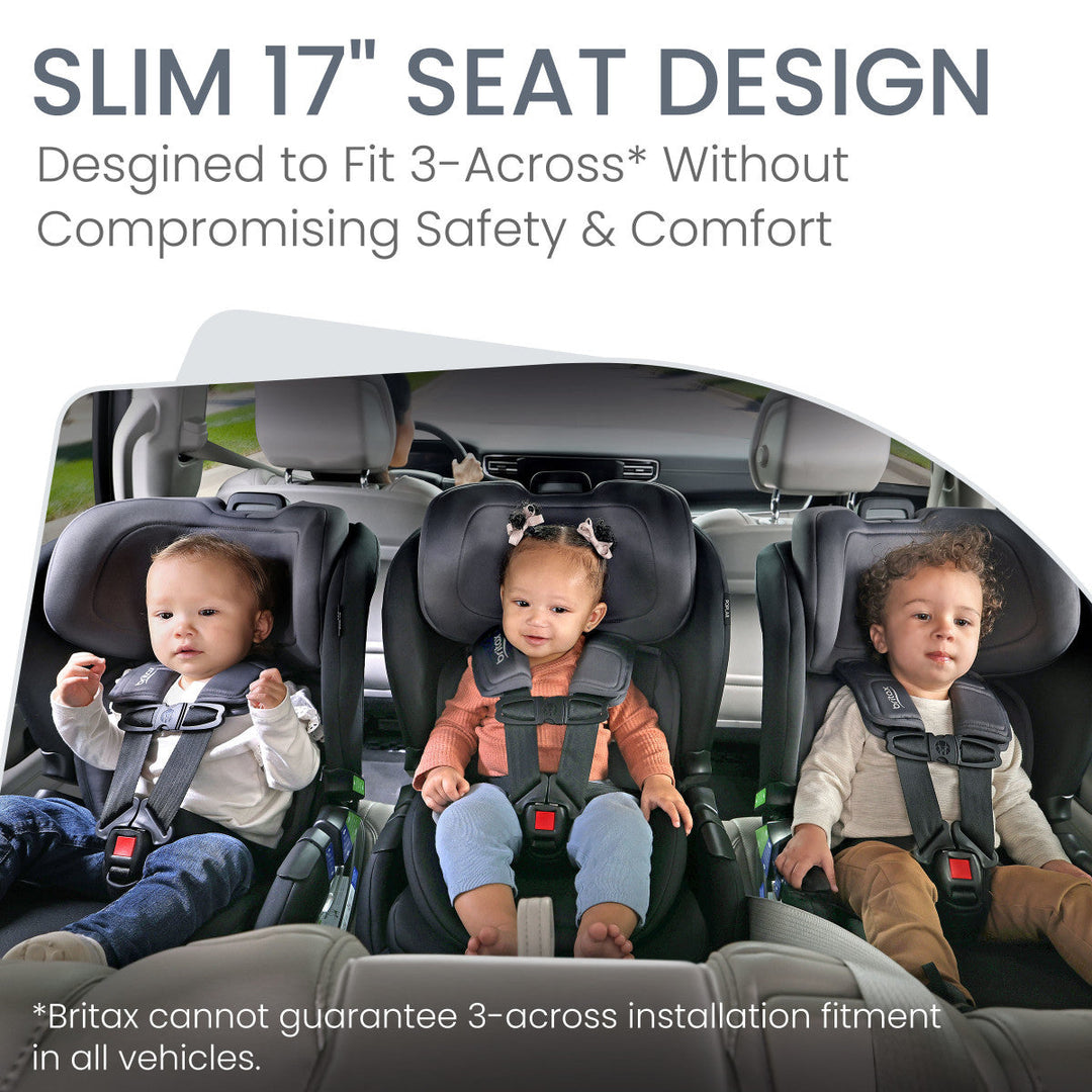 Lifestyle image showing Britax Poplar convertible car seat installed in rear vehicle seat, slim car seat ideal for families