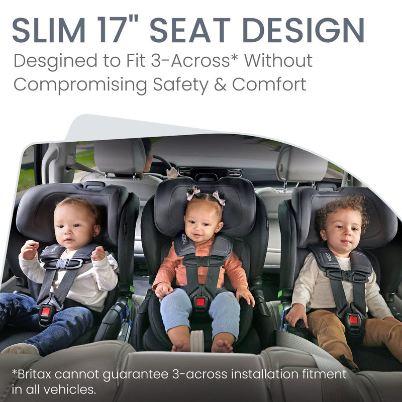 Lifestyle image showing Britax Poplar convertible car seat installed in rear vehicle seat, slim car seat ideal for families