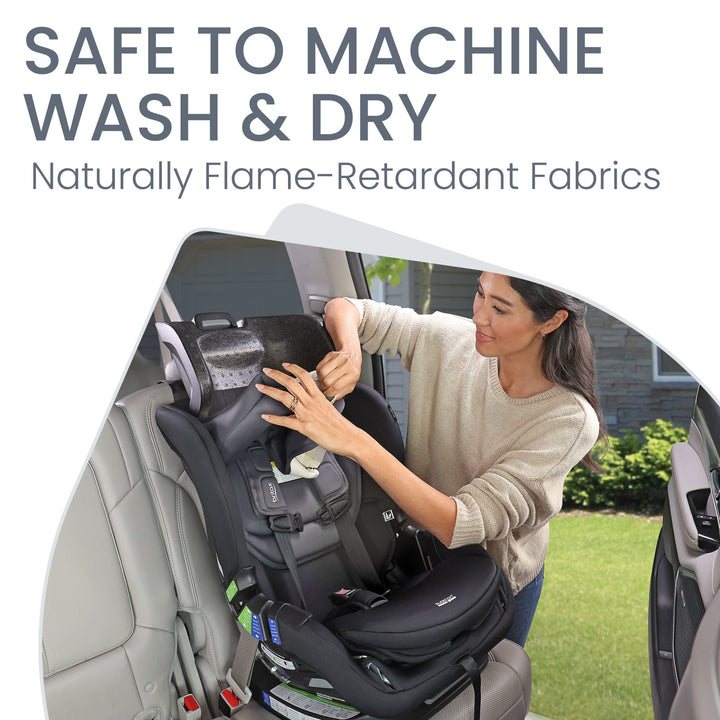 Machine-washable cover on the Britax Poplar convertible car seat for easy, quick cleanup