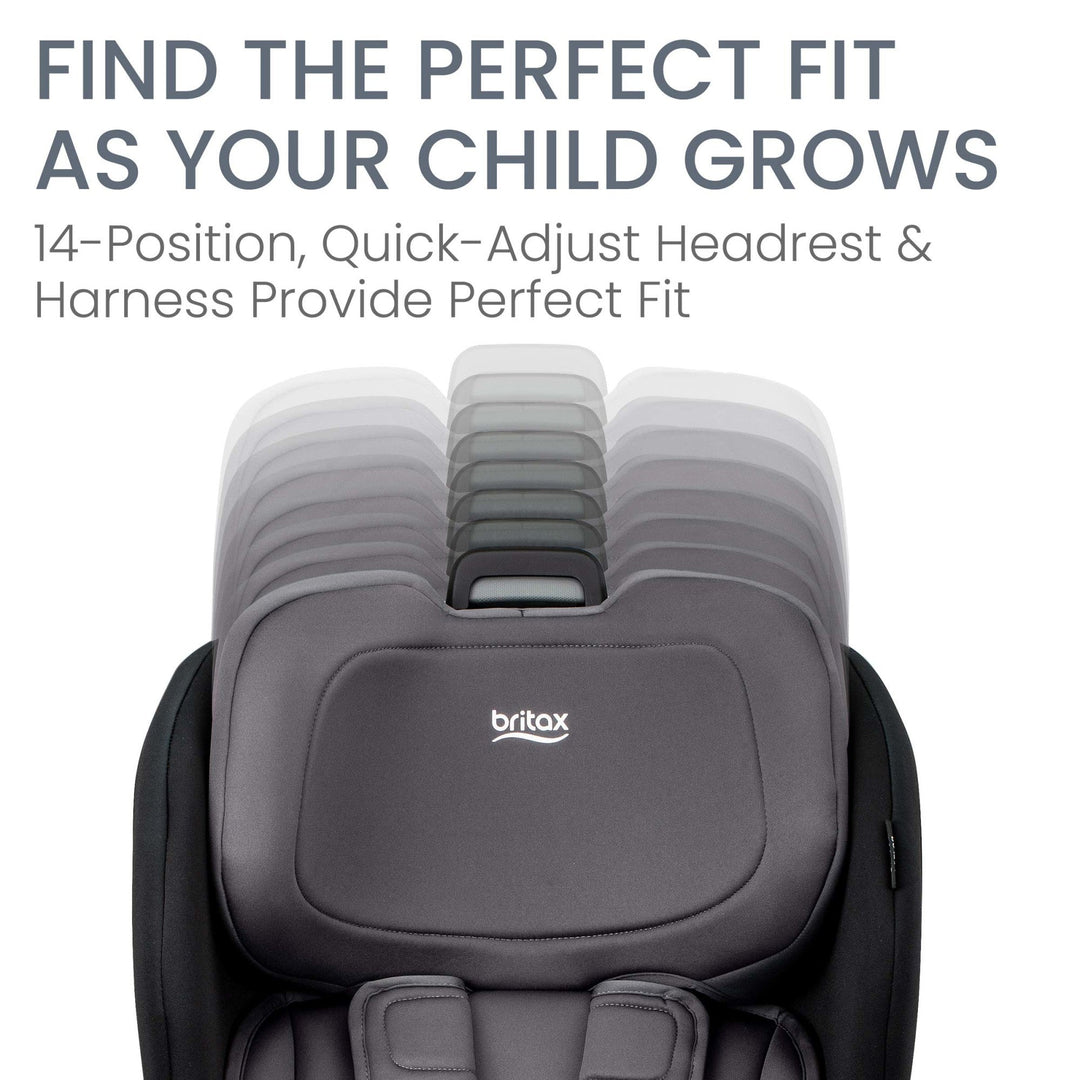 14-position no-rethread headrest on the Britax Poplar helps find the perfect fit as your child grows