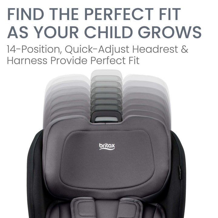 14-position no-rethread headrest on the Britax Poplar helps find the perfect fit as your child grows