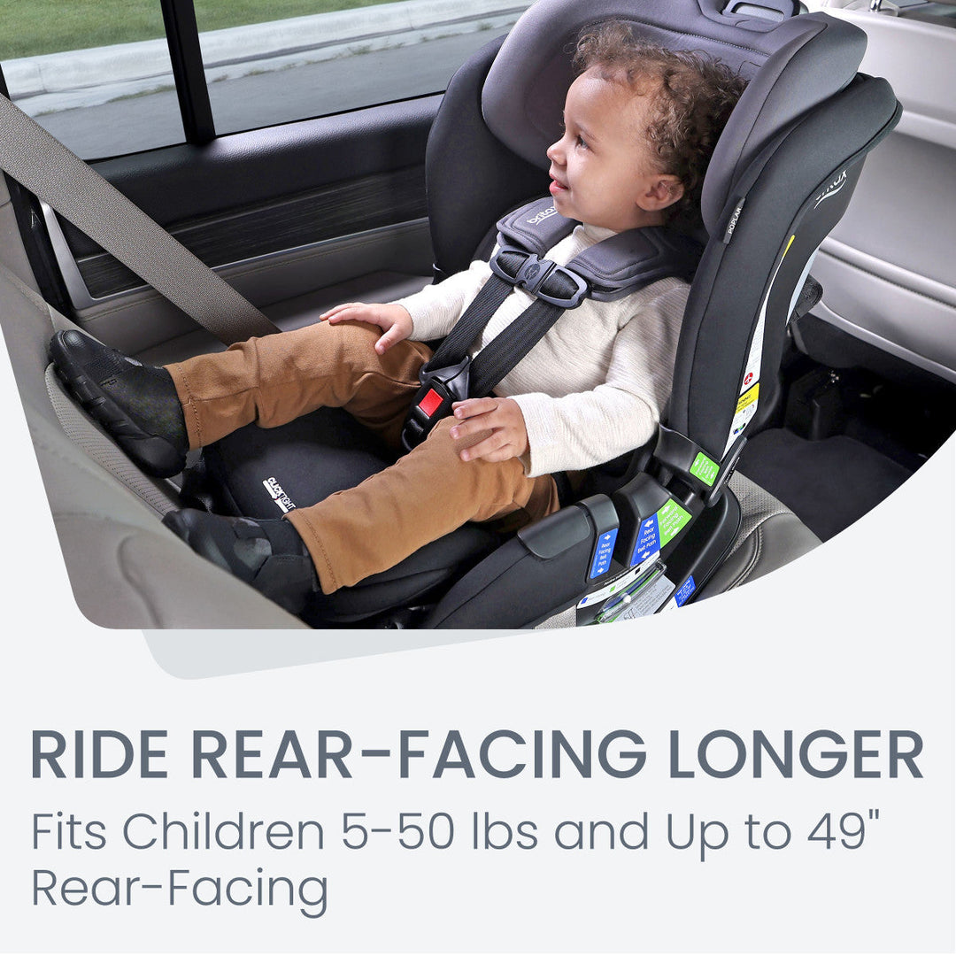 Baby riding rear-facing in Britax Poplar convertible car seat, demonstrating extended rear-facing use up to 50 lbs