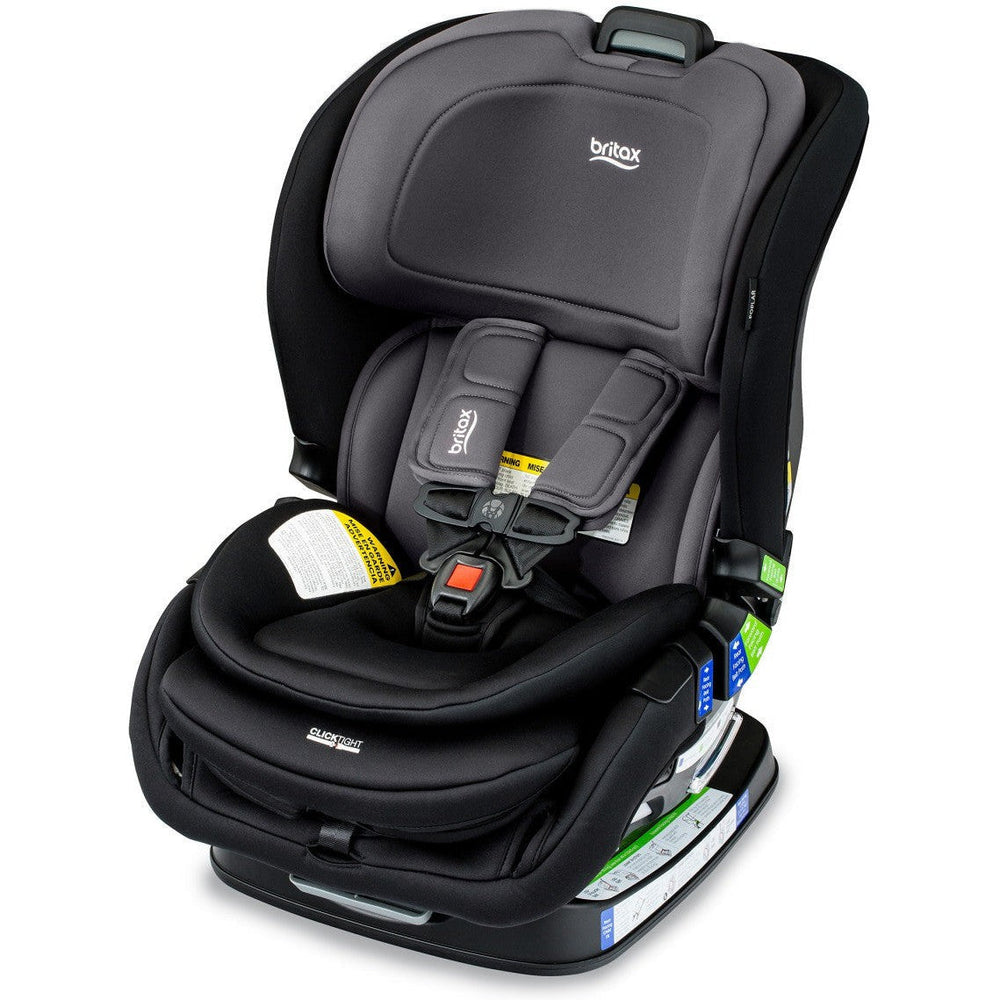 Side angle of Britax Poplar Stone Onyx car seat showing recline and harness adjustment