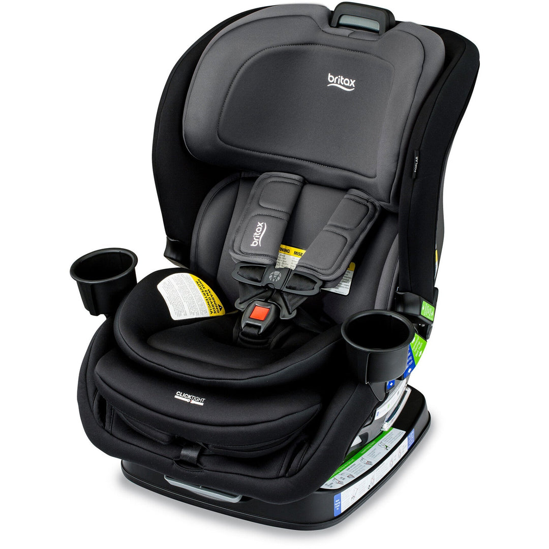 Britax Poplar 2-in-1 Convertible Car Seat in Stone Onyx, angled view showing ClickTight installation