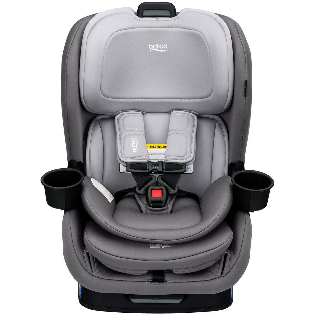 Front view of the Britax Poplar convertible car seat in Glacier Graphite, a light gray toddler car seat