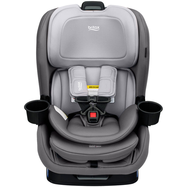 Front view of the Britax Poplar convertible car seat in Glacier Graphite, a light gray toddler car seat