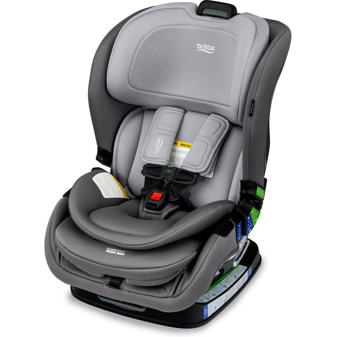 Reclined Britax Poplar Glacier Graphite car seat in forward-facing position, comfortable fit for toddlers