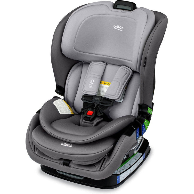 Reclined Britax Poplar Glacier Graphite car seat in forward-facing position, comfortable fit for toddlers