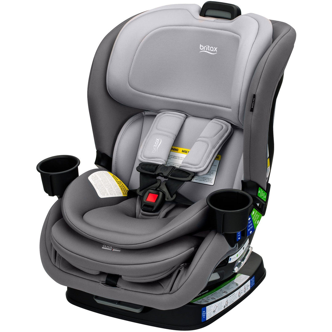 Britax Poplar 2-in-1 Convertible Car Seat in Glacier Graphite, angled view with ClickTight installation