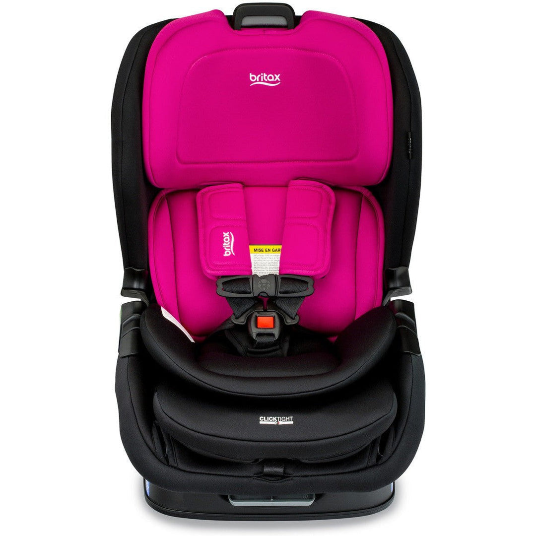 Rear-facing Britax Poplar Magenta Onyx car seat setup for infants, slim design fits 3-across