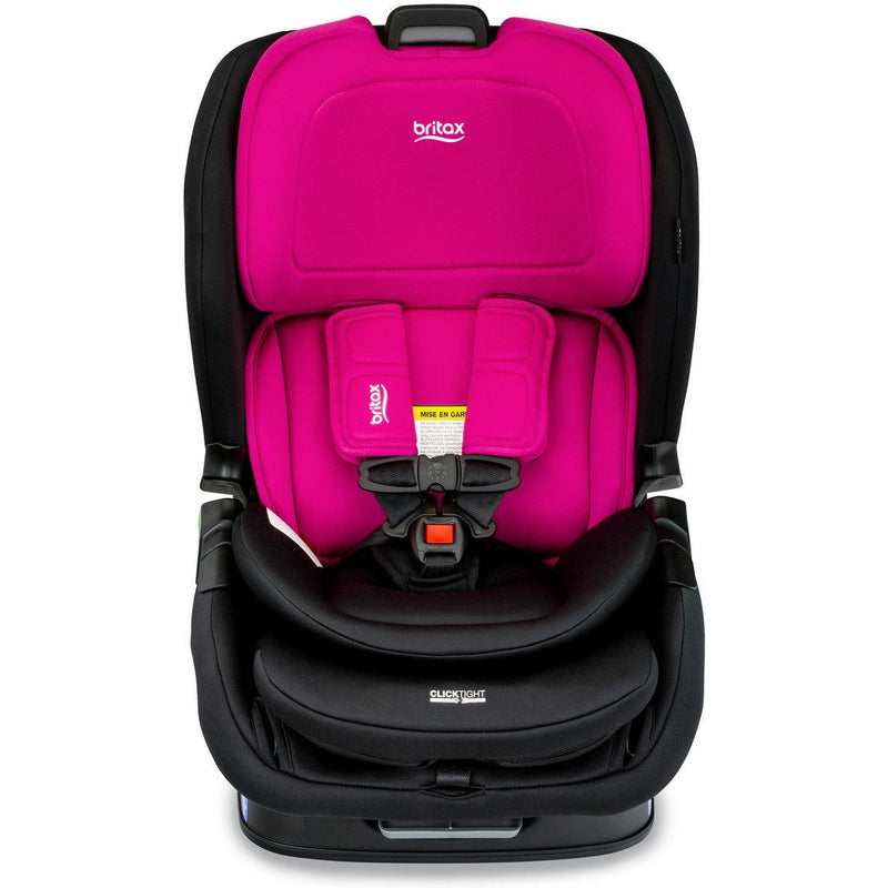 Rear-facing Britax Poplar Magenta Onyx car seat setup for infants, slim design fits 3-across