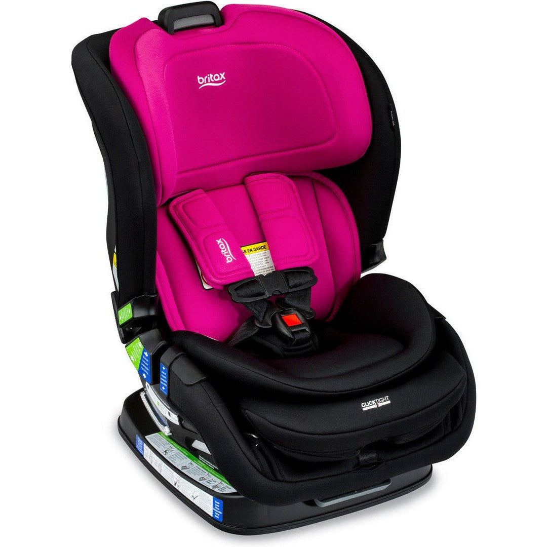 Britax Poplar Convertible Car Seat in Magenta Onyx shown upright, highlighting easy-adjust harness system