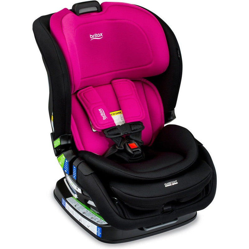 Britax Poplar Convertible Car Seat in Magenta Onyx shown upright, highlighting easy-adjust harness system