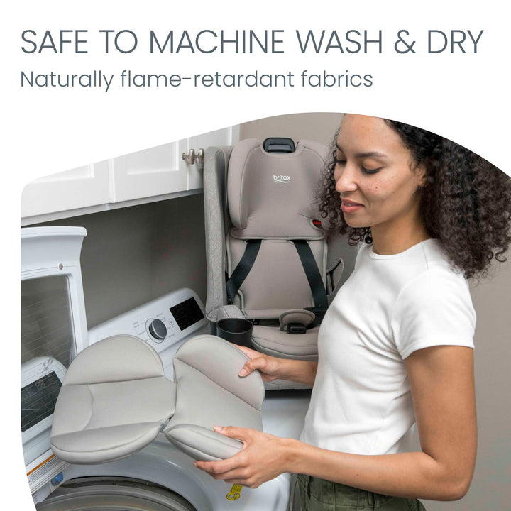 Machine-washable, flame-retardant cover on the Britax One4Life Slim car seat in Parchment