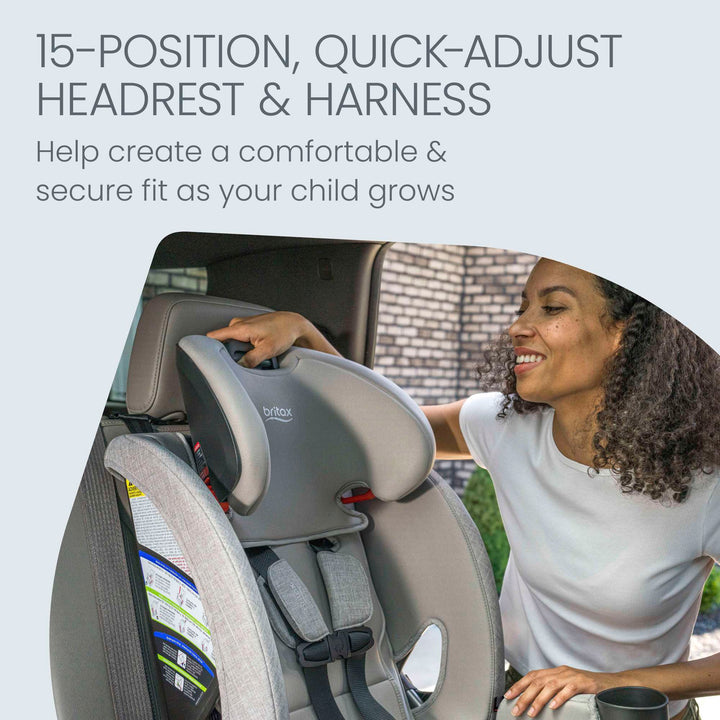 15-position no-rethread headrest and harness on the Britax One4Life Slim car seat in Parchment