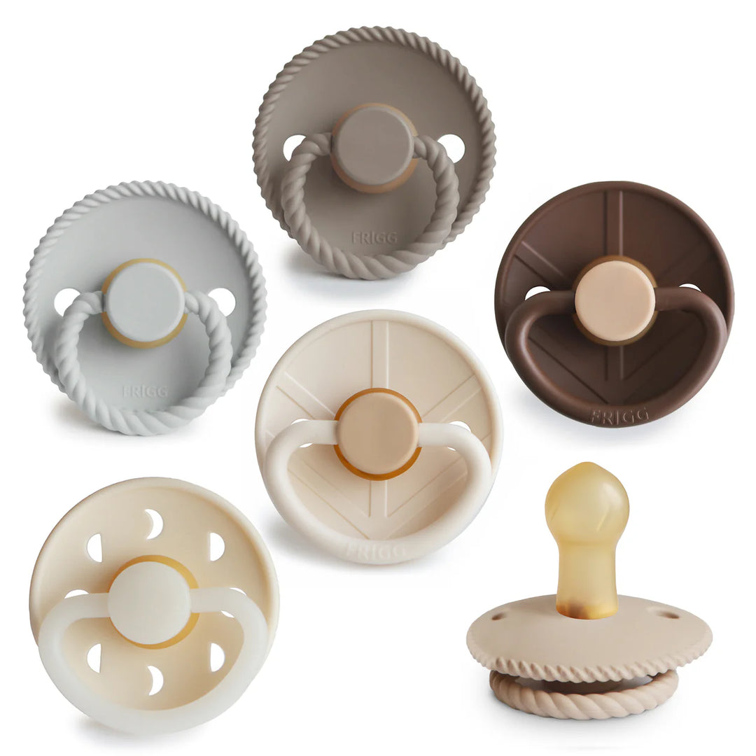 FRIGG Earthy Wonder natural rubber pacifier 6-pack - six BPA-free latex soothers in warm earthy colorway