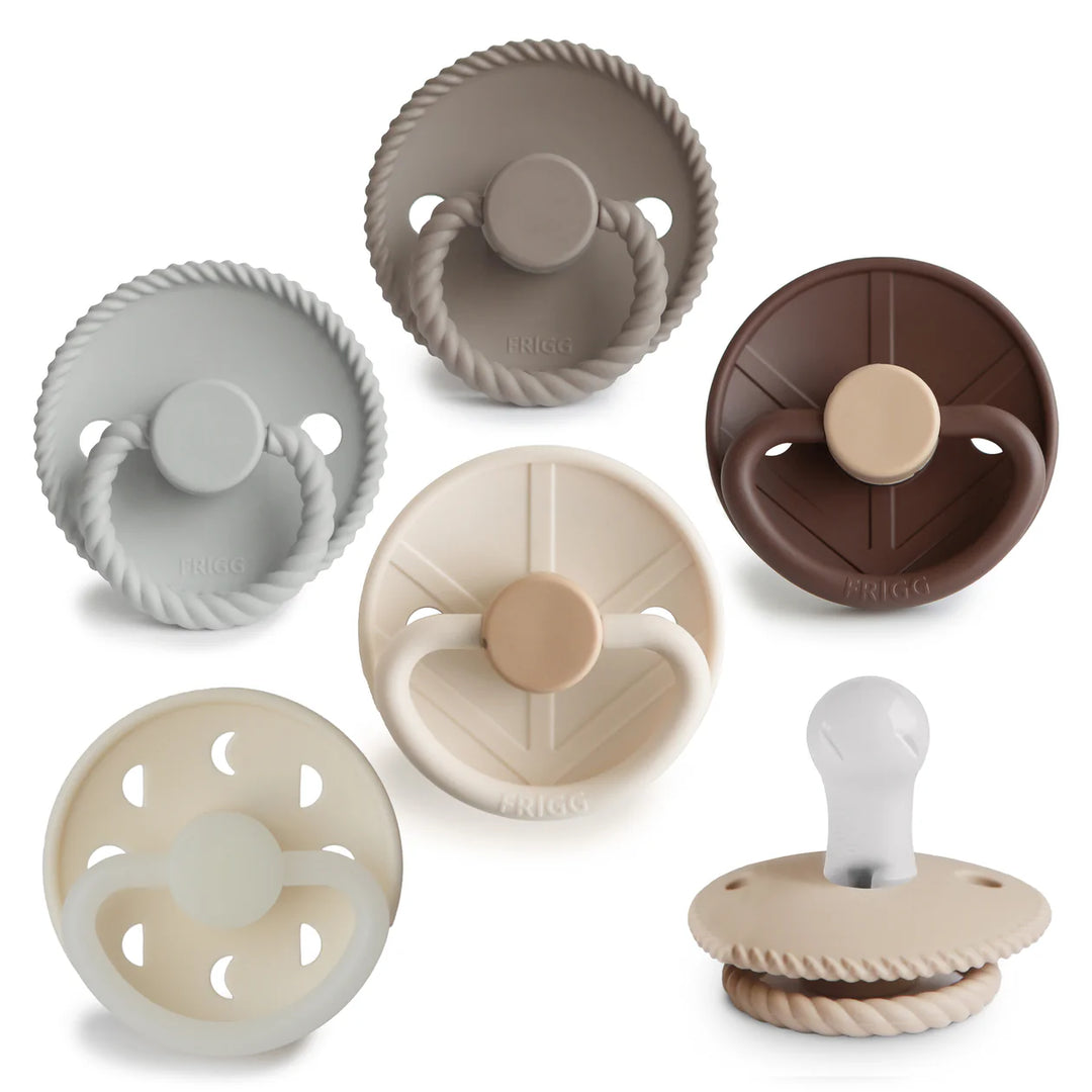 FRIGG Earthy Wonder silicone pacifier 6-pack size 1 - six BPA-free orthodontic pacifiers in warm earthy tones
