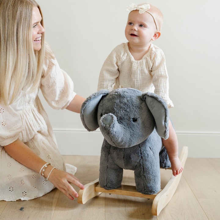 SaranoniÕs Elephant rocker brings irresistible plush softness and stands out as one of the most unique toddler rockers in the collection.