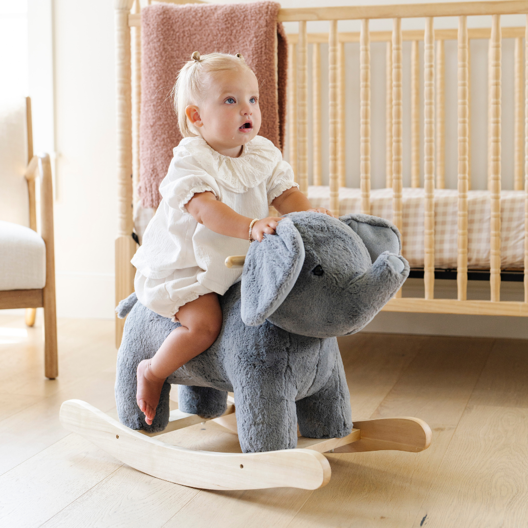 The Saranoni Elephant rocker offers a plush stuffed animal rocker with adorable proportions perfect for photos + play.