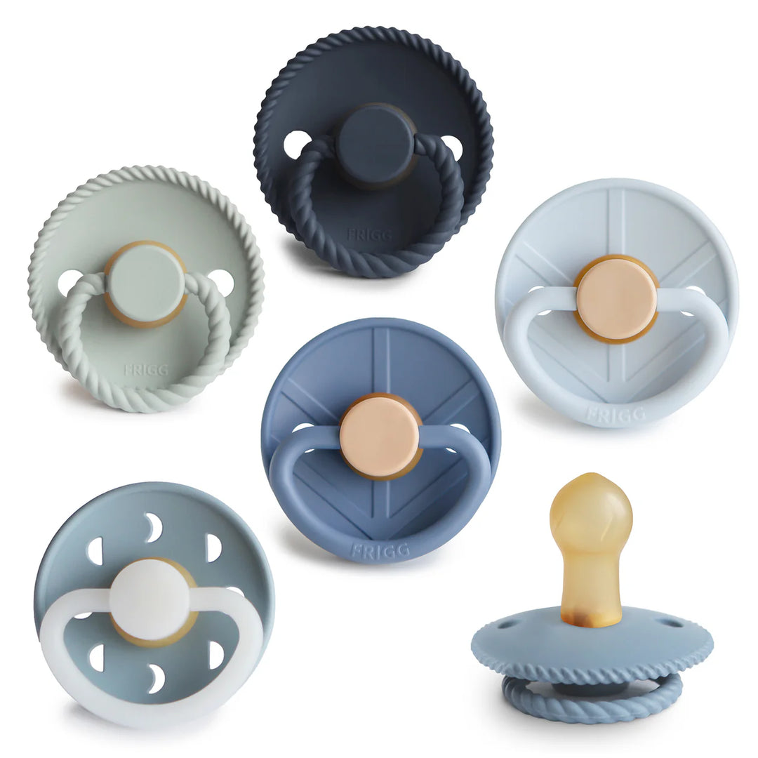 FRIGG Endless Sea natural rubber pacifier 6-pack - six latex baby soothers in ocean-inspired blue tones