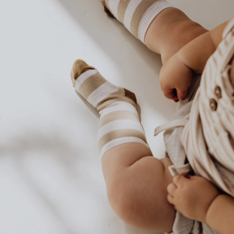 fable and finch toddler knee striped socks in pebble stripe