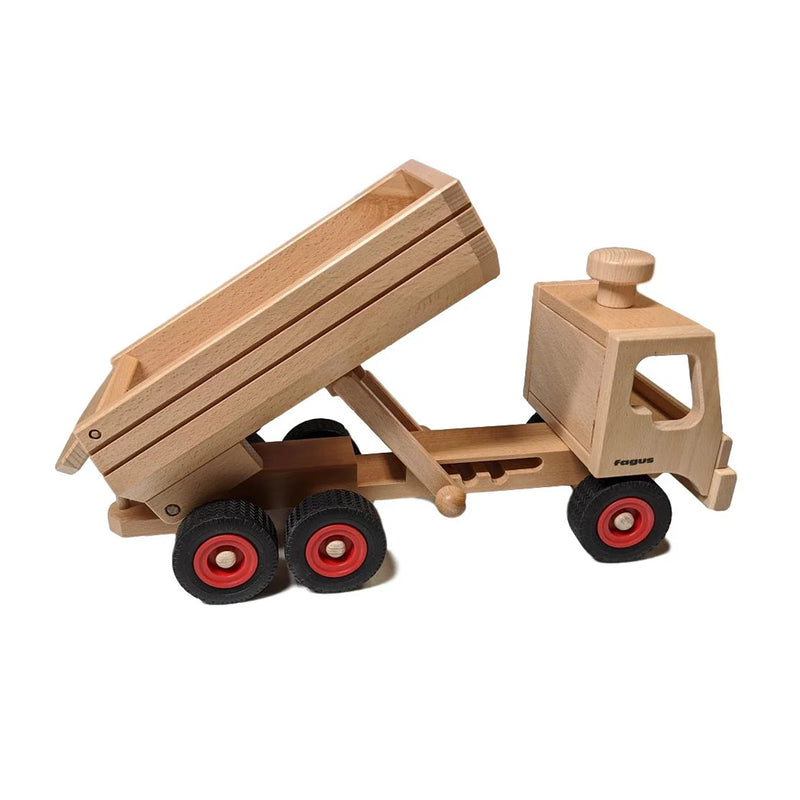 Fagus Container Tipper wooden toys with functional tipping bed.