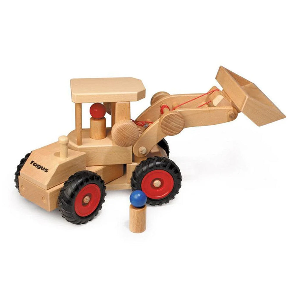 Fagus Wheel Loader wooden toy vehicles for imaginative play.