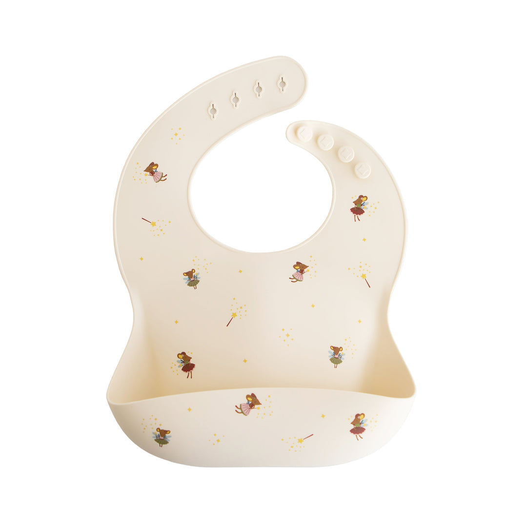 Mushie Silicone Bib in Fairy Mice dprint with adjustable strap for mess-free baby feeding