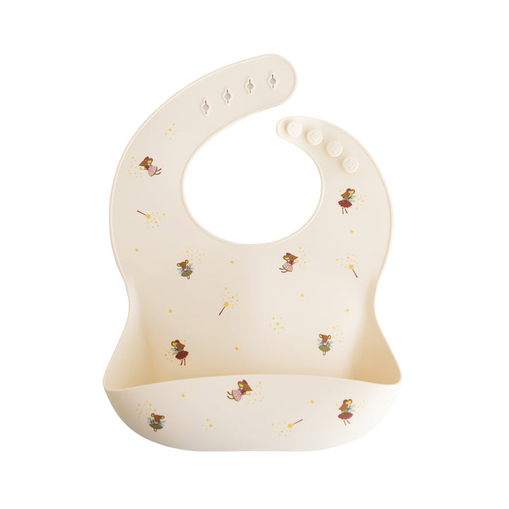 Mushie Silicone Bib in Fairy Mice dprint with adjustable strap for mess-free baby feeding