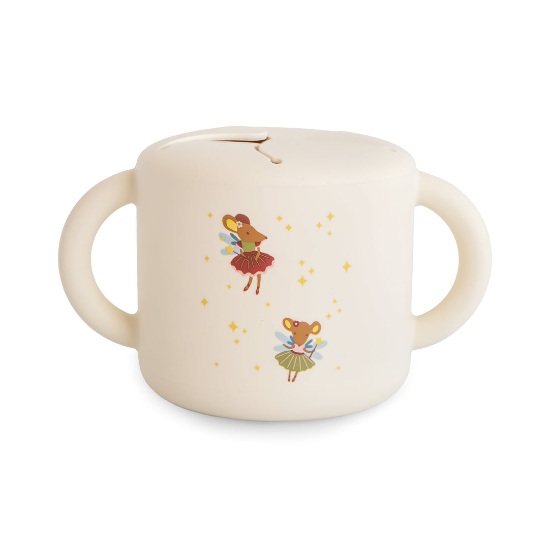 Mushie Silicone Snack Cup in Fairy Mice print with spill-proof design for on-the-go toddlers