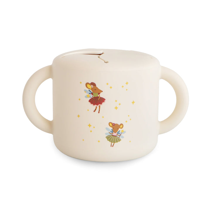 Mushie Silicone Snack Cup in Fairy Mice print with spill-proof design for on-the-go toddlers