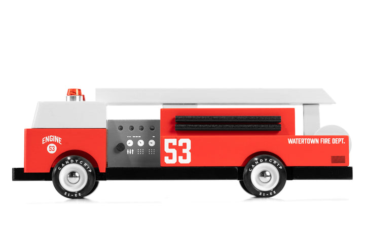 Plantoys Ladder 53 Fire Truck appears in a bright side view, designed as a fun toy car for little firefighters.